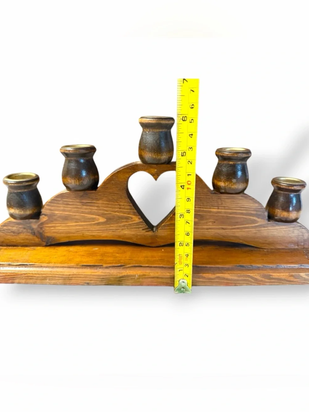 Vintage Wooden Heart Cutout Taper Tabletop Candle Holder Cottagecore Candelabra